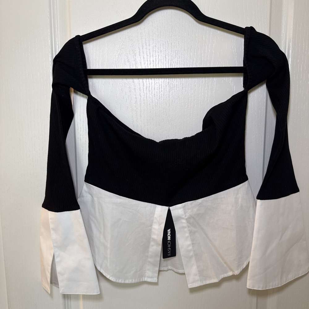 Fashion Nova Becynnme Off Shoulder Top Sz M Black White Peplum NWT Long Sleeve